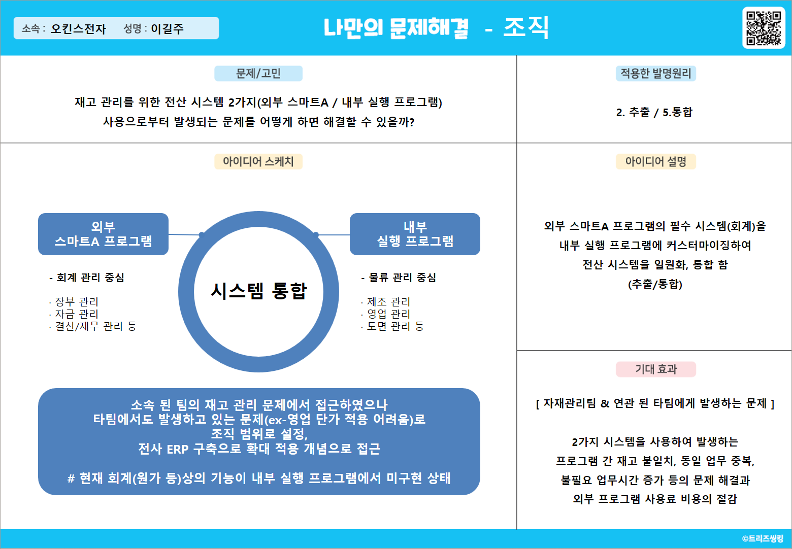 재고 관리를 위한 전산 시스템 2가지(외부 스마트A / 내부 실행 프로그램) 사용으로부터 발생되는 문제를 어떻게 하면 해결할 수 있을까?