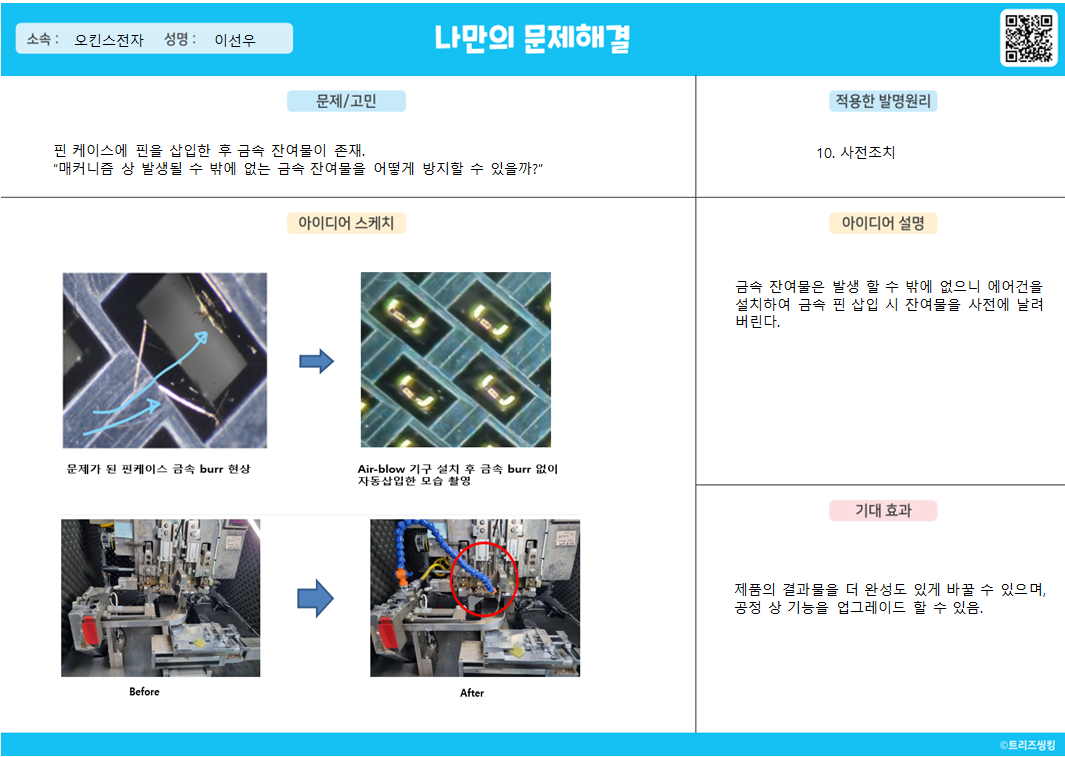 제품 매커니즘 상 불가피하게 발생하는 부분을 개선하여 공정 상의 기능을 업그레이드 할 수 있는 방법